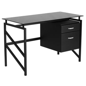 English Elm Singleton Modern Glass Desk with 2-Drawer Pedestal - Sleek, Stylish, and Space-Saving Workspace Solution NAN-WK-036-GG