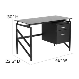 English Elm Singleton Modern Glass Desk with 2-Drawer Pedestal - Sleek, Stylish, and Space-Saving Workspace Solution NAN-WK-036-GG