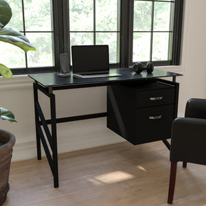English Elm Singleton Modern Glass Desk with 2-Drawer Pedestal - Sleek, Stylish, and Space-Saving Workspace Solution NAN-WK-036-GG