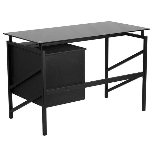 English Elm Singleton Modern Glass Desk with 2-Drawer Pedestal - Sleek, Stylish, and Space-Saving Workspace Solution NAN-WK-036-GG