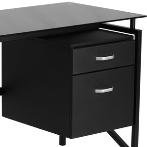 English Elm Singleton Modern Glass Desk with 2-Drawer Pedestal - Sleek, Stylish, and Space-Saving Workspace Solution NAN-WK-036-GG