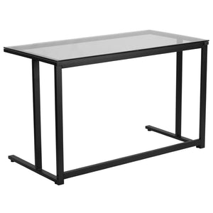 English Elm Singleton Glass Desk – Modern Elegance with Black Metal Frame for Home Office, Dorm, or Workspace NAN-WK-055-GG