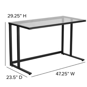 English Elm Singleton Glass Desk – Modern Elegance with Black Metal Frame for Home Office, Dorm, or Workspace NAN-WK-055-GG