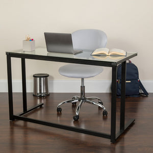 English Elm Singleton Glass Desk – Modern Elegance with Black Metal Frame for Home Office, Dorm, or Workspace NAN-WK-055-GG