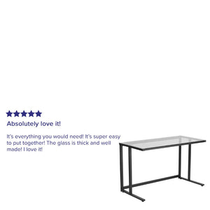 English Elm Singleton Glass Desk – Modern Elegance with Black Metal Frame for Home Office, Dorm, or Workspace NAN-WK-055-GG