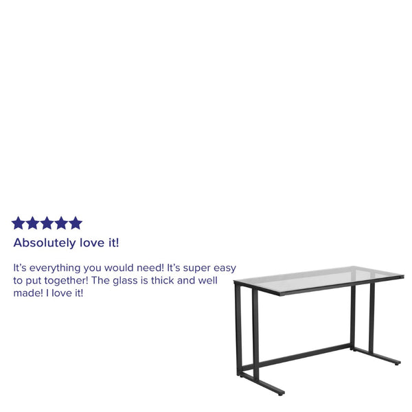 English Elm Singleton Glass Desk – Modern Elegance with Black Metal Frame for Home Office, Dorm, or Workspace NAN-WK-055-GG