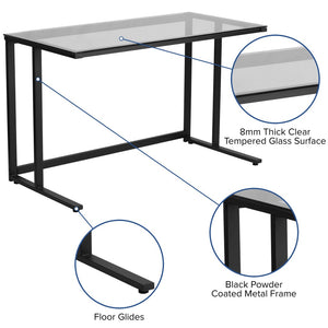 English Elm Singleton Glass Desk – Modern Elegance with Black Metal Frame for Home Office, Dorm, or Workspace NAN-WK-055-GG