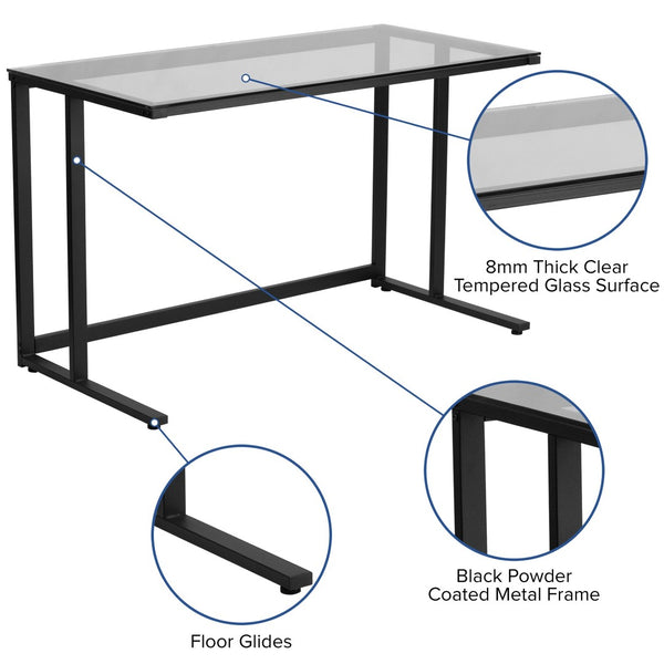 English Elm Singleton Glass Desk – Modern Elegance with Black Metal Frame for Home Office, Dorm, or Workspace NAN-WK-055-GG