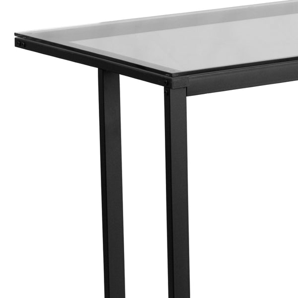 English Elm Singleton Glass Desk – Modern Elegance with Black Metal Frame for Home Office, Dorm, or Workspace NAN-WK-055-GG