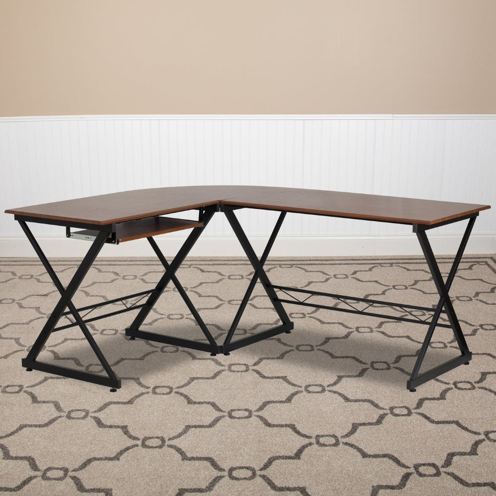 English Elm Singleton Teakwood L-Shape Computer Desk with Pull-Out Tray for Stylish Workspace Organization NAN-WK-109-GG