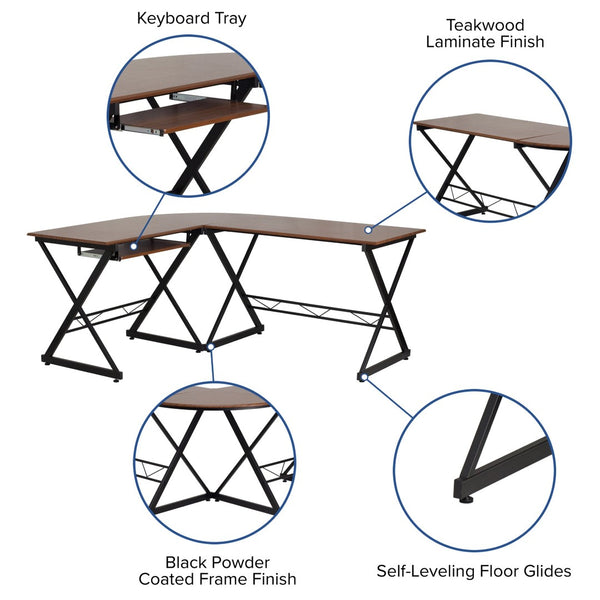 English Elm Singleton Teakwood L-Shape Computer Desk with Pull-Out Tray for Stylish Workspace Organization NAN-WK-109-GG