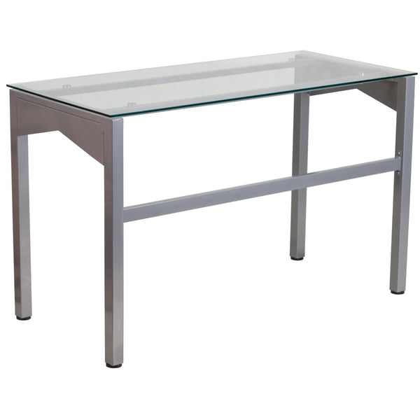English Elm Jayden Modern Clear Glass Desk with Geometric Silver Frame - Stylish, Sturdy, and Versatile Workspace NAN-YLCD1219-GG