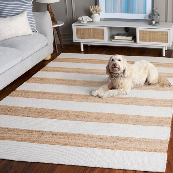 Safavieh Natural Handwoven Jute Wool Cotton Rug In Ivory Stripe — Low-Profile, Durable Coastal Accent 4X6 4'-0" x 6'-0" NF609A-4