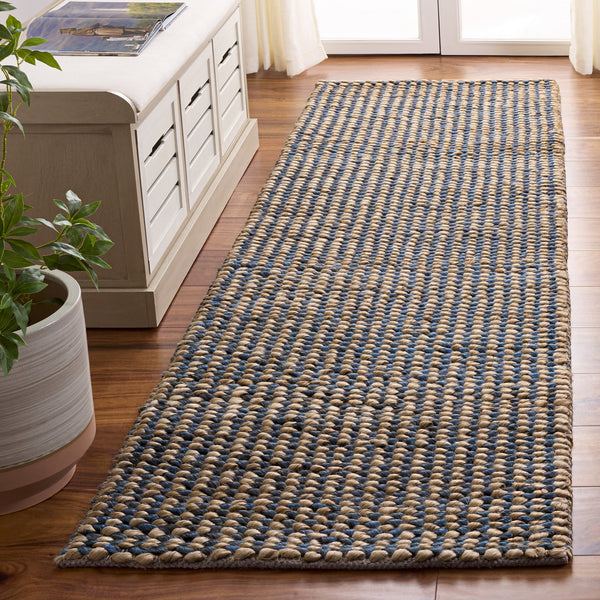 Safavieh Natural Handwoven Jute Runner In Soothing Blue — Artisanal Indian Craft, Durable Low-Pile Elegance 2'-3" x 8'-0" NFC110M-28