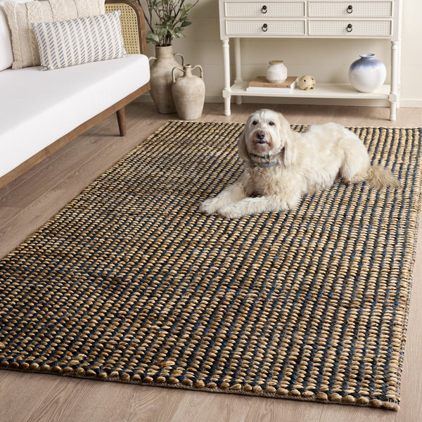 Safavieh Natural Handwoven Jute-Cotton Rug In Serene Blue And Neutral Tones — Coastal Texture, Low Profile 3'-0" x 5'-0" NFC110M-3