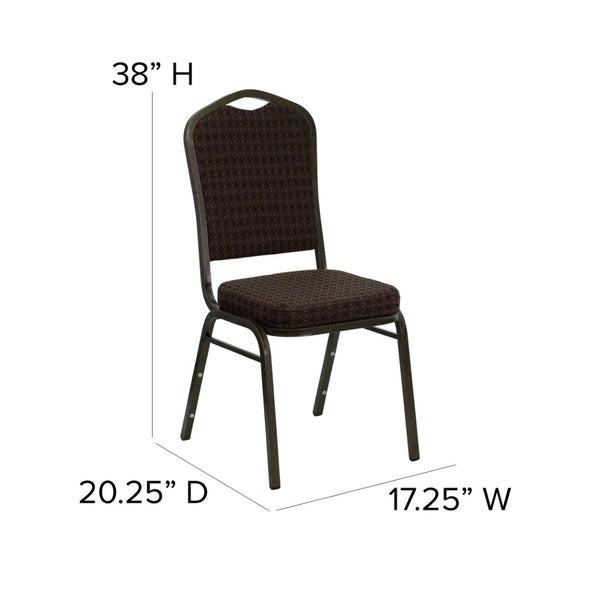 English Elm HERCULES Crown Back Banquet Chair - Elegant Navy Upholstered Seat, Sturdy Gold Frame for Events Brown Patterned Fabric/Gold Vein Frame NG-C01-BROWN-GV-GG