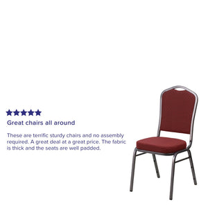 English Elm HERCULES Crown Back Banquet Chair - Elegant Navy Upholstered Seat, Sturdy Gold Frame for Events Burgundy Patterned Fabric/Silver Vein Frame NG-C01-HTS-2201-SV-GG