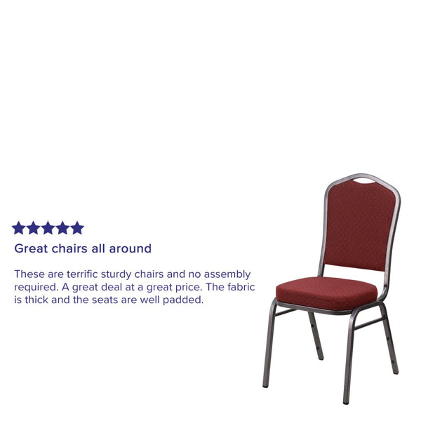 English Elm HERCULES Crown Back Banquet Chair - Elegant Navy Upholstered Seat, Sturdy Gold Frame for Events Burgundy Patterned Fabric/Silver Vein Frame NG-C01-HTS-2201-SV-GG