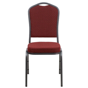 English Elm HERCULES Crown Back Banquet Chair - Elegant Navy Upholstered Seat, Sturdy Gold Frame for Events Burgundy Patterned Fabric/Silver Vein Frame NG-C01-HTS-2201-SV-GG