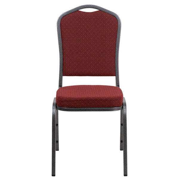 English Elm HERCULES Crown Back Banquet Chair - Elegant Navy Upholstered Seat, Sturdy Gold Frame for Events Burgundy Patterned Fabric/Silver Vein Frame NG-C01-HTS-2201-SV-GG