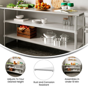 English Elm Woodford Galvanized Under Shelf - Adjustable Heavy-Duty Storage for Prep and Work Tables in Kitchens Stainless Steel 24"W x 72"D NH-GU-2472-GG