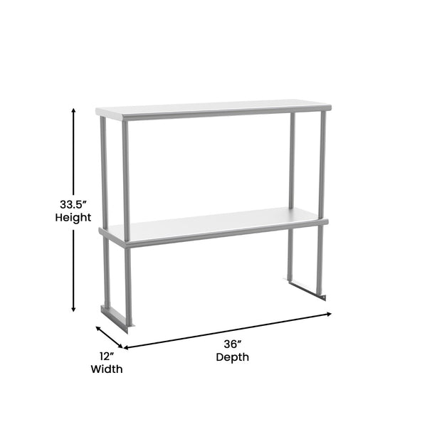 English Elm Reese Heavy-Duty 430 Stainless Steel Double Overshelf for Commercial Kitchens – NSF Certified Storage Stainless Steel 36"W x 12"D x 33.5"H NH-OSD-1236-GG