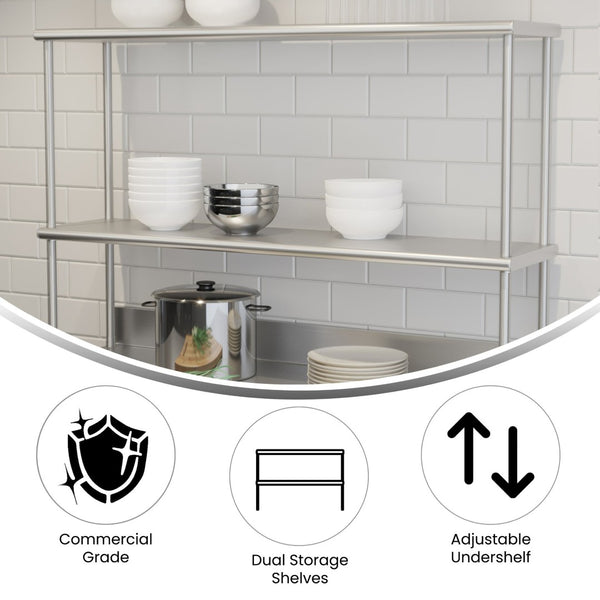 English Elm Reese Heavy-Duty 430 Stainless Steel Double Overshelf for Commercial Kitchens – NSF Certified Storage Stainless Steel 48.25"W x 12"D x 33.5"H NH-OSD-1248-GG