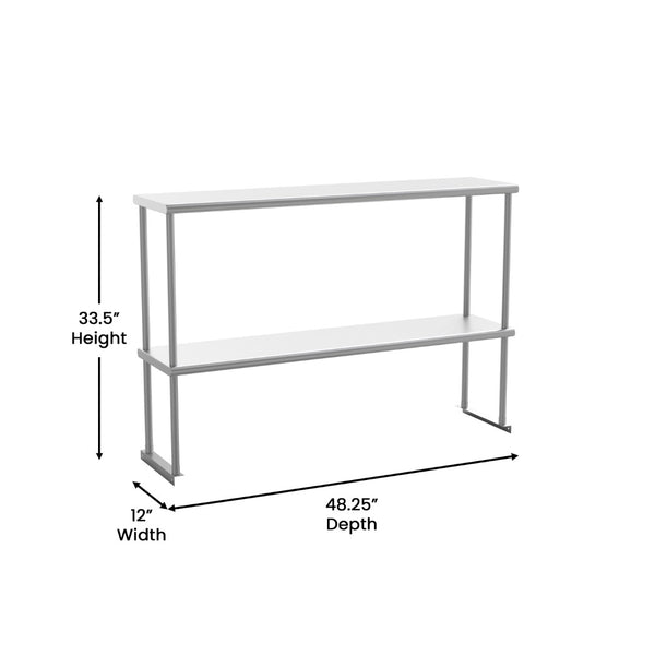 English Elm Reese Heavy-Duty 430 Stainless Steel Double Overshelf for Commercial Kitchens – NSF Certified Storage Stainless Steel 48.25"W x 12"D x 33.5"H NH-OSD-1248-GG
