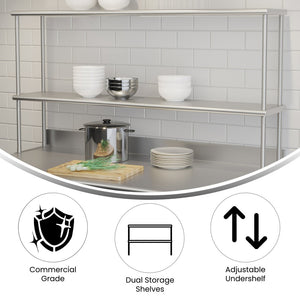 English Elm Reese Heavy-Duty 430 Stainless Steel Double Overshelf for Commercial Kitchens – NSF Certified Storage Stainless Steel 60"W x 12"D x 33.5"H NH-OSD-1260-GG