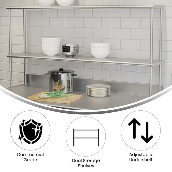 English Elm Reese Heavy-Duty 430 Stainless Steel Double Overshelf for Commercial Kitchens – NSF Certified Storage Stainless Steel 60"W x 12"D x 33.5"H NH-OSD-1260-GG