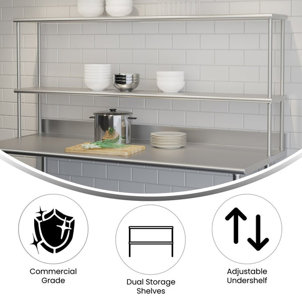 English Elm Reese Heavy-Duty 430 Stainless Steel Double Overshelf for Commercial Kitchens – NSF Certified Storage Stainless Steel 72"W x 12"D x 33.5"H NH-OSD-1272-GG