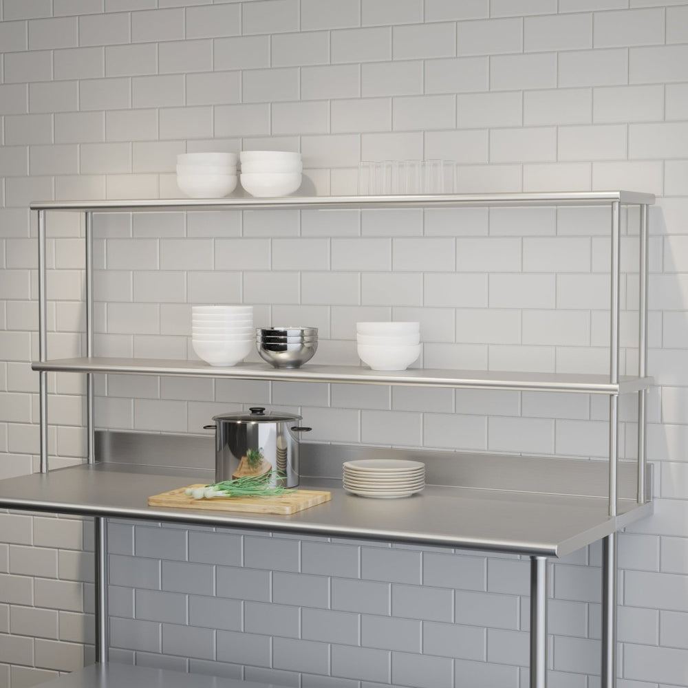 English Elm Reese Heavy-Duty 430 Stainless Steel Double Overshelf for Commercial Kitchens – NSF Certified Storage Stainless Steel 72"W x 12"D x 33.5"H NH-OSD-1272-GG