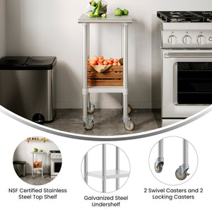 English Elm Reese Portable Prep Table with NSF Certified Steel Top, Galvanized Undershelf & Locking Casters Stainless Steel 24"W x 18"D NH-WT-2418-CAS-GG