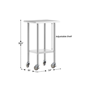 English Elm Reese Portable Prep Table with NSF Certified Steel Top, Galvanized Undershelf & Locking Casters Stainless Steel 24"W x 18"D NH-WT-2418-CAS-GG