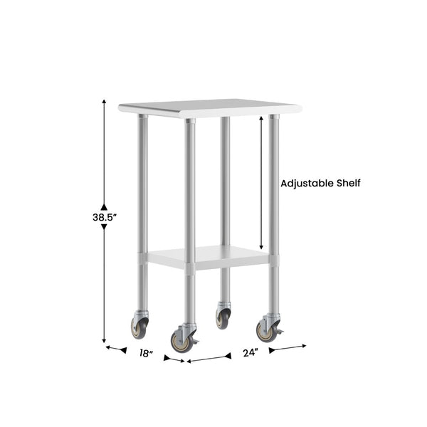 English Elm Reese Portable Prep Table with NSF Certified Steel Top, Galvanized Undershelf & Locking Casters Stainless Steel 24"W x 18"D NH-WT-2418-CAS-GG