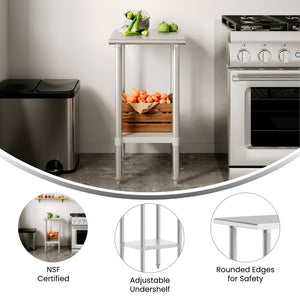 English Elm Reese Heavy-Duty Portable Prep Table with Hygienic Work Surface and Adjustable Storage for Versatile Use Stainless Steel 24"W x 18"D NH-WT-2418-GG