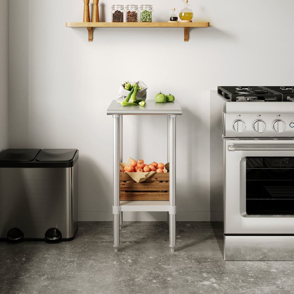 English Elm Reese Heavy-Duty Portable Prep Table with Hygienic Work Surface and Adjustable Storage for Versatile Use Stainless Steel 24"W x 18"D NH-WT-2418-GG