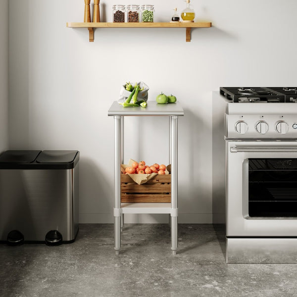 English Elm Reese Heavy-Duty Portable Prep Table with Hygienic Work Surface and Adjustable Storage for Versatile Use Stainless Steel 24"W x 18"D NH-WT-2418-GG