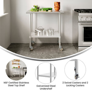 English Elm Reese Portable Prep Table with NSF Certified Steel Top, Galvanized Undershelf & Locking Casters Stainless Steel 24"W x 36"D NH-WT-2436-CAS-GG