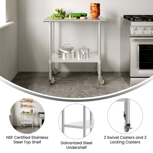 English Elm Reese Portable Prep Table with NSF Certified Steel Top, Galvanized Undershelf & Locking Casters Stainless Steel 24"W x 36"D NH-WT-2436-CAS-GG