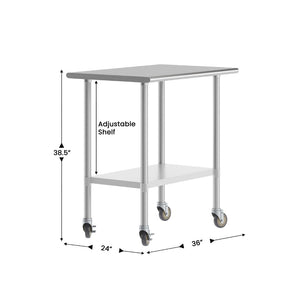 English Elm Reese Portable Prep Table with NSF Certified Steel Top, Galvanized Undershelf & Locking Casters Stainless Steel 24"W x 36"D NH-WT-2436-CAS-GG