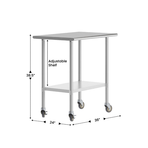 English Elm Reese Portable Prep Table with NSF Certified Steel Top, Galvanized Undershelf & Locking Casters Stainless Steel 24"W x 36"D NH-WT-2436-CAS-GG