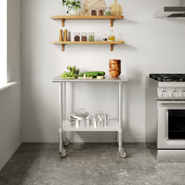 English Elm Reese Portable Prep Table with NSF Certified Steel Top, Galvanized Undershelf & Locking Casters Stainless Steel 24"W x 36"D NH-WT-2436-CAS-GG