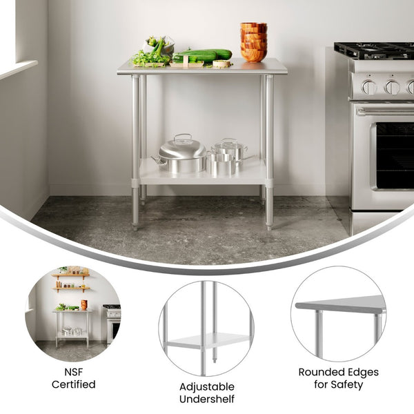 English Elm Reese Heavy-Duty Portable Prep Table with Hygienic Work Surface and Adjustable Storage for Versatile Use Stainless Steel 24"W x 36"D NH-WT-2436-GG