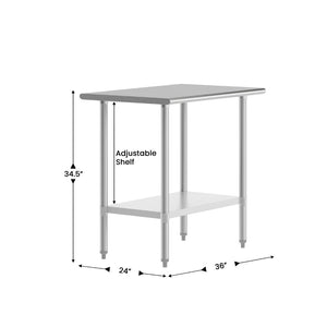 English Elm Reese Heavy-Duty Portable Prep Table with Hygienic Work Surface and Adjustable Storage for Versatile Use Stainless Steel 24"W x 36"D NH-WT-2436-GG