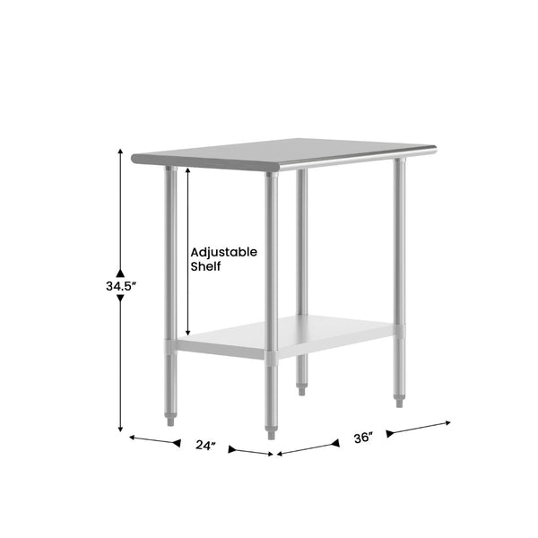English Elm Reese Heavy-Duty Portable Prep Table with Hygienic Work Surface and Adjustable Storage for Versatile Use Stainless Steel 24"W x 36"D NH-WT-2436-GG