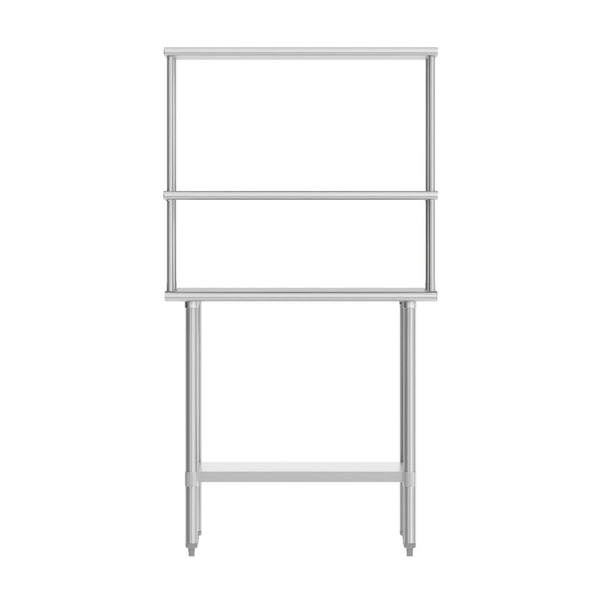 English Elm Reese Portable Work Table with NSF-Certified Steel Top, Double Overshelves, and Locking Casters Stainless Steel 24"W x 36"D NH-WT-2436-OSH-GG