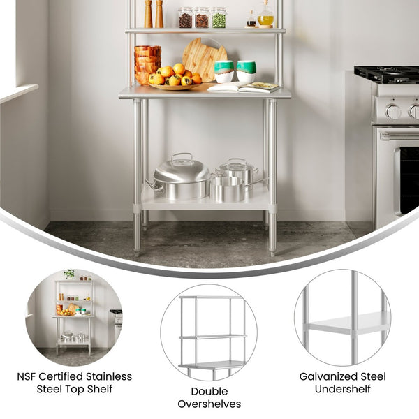 English Elm Reese Portable Work Table with NSF-Certified Steel Top, Double Overshelves, and Locking Casters Stainless Steel 24"W x 36"D NH-WT-2436-OSH-GG