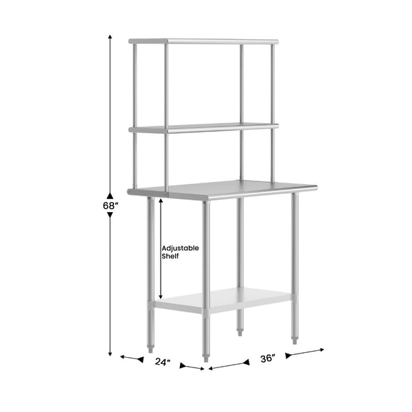 English Elm Reese Portable Work Table with NSF-Certified Steel Top, Double Overshelves, and Locking Casters Stainless Steel 24"W x 36"D NH-WT-2436-OSH-GG