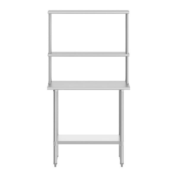 English Elm Reese Portable Work Table with NSF-Certified Steel Top, Double Overshelves, and Locking Casters Stainless Steel 24"W x 36"D NH-WT-2436-OSH-GG